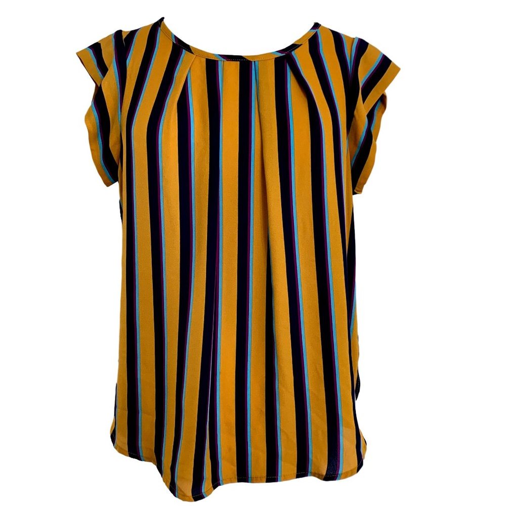 Crescent & Willough Womens Shirt Blouse Size M Gold Blue Stripe